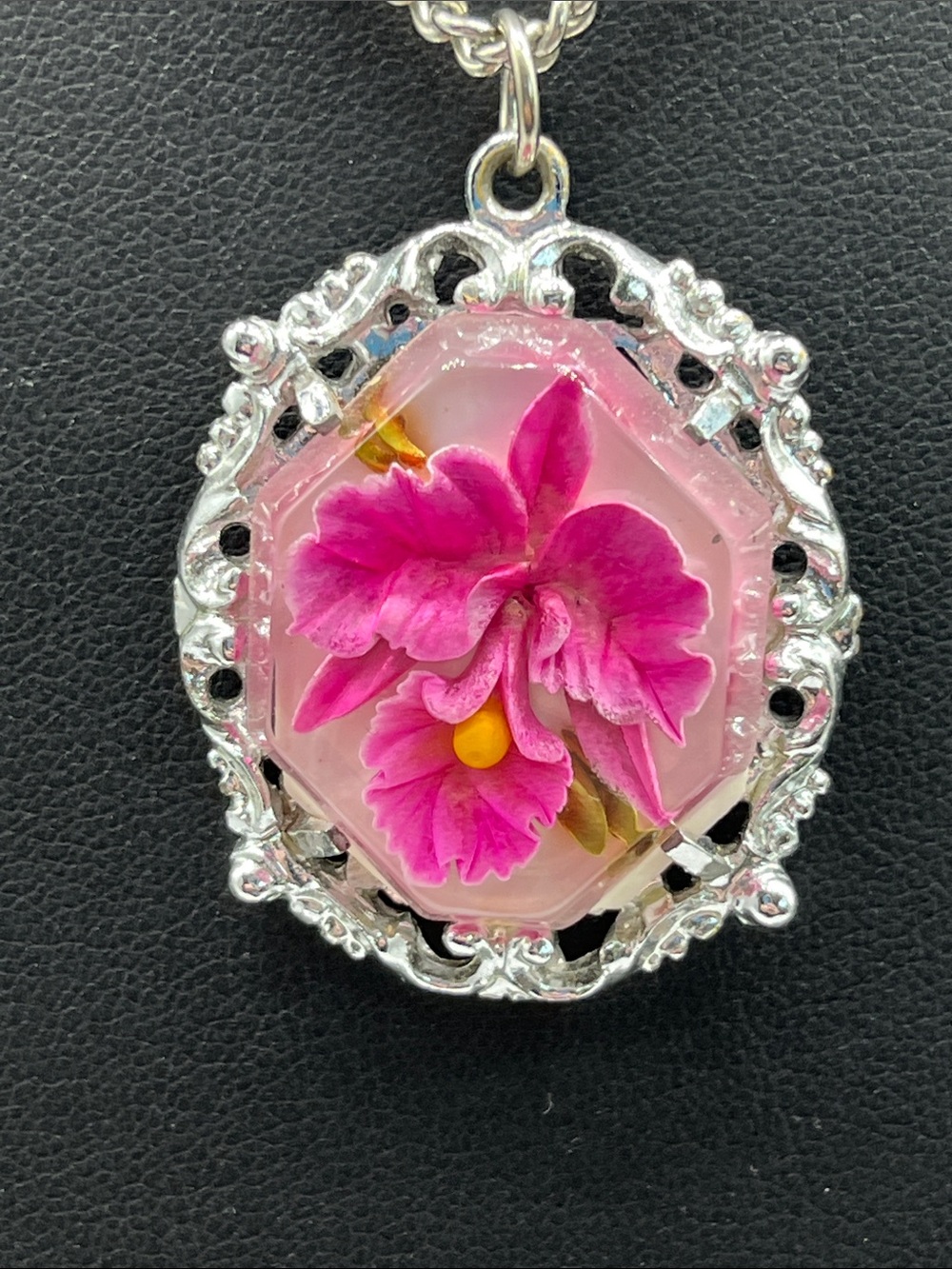 Vintage carved lucite pink Orchid necklace on 16 inch chain